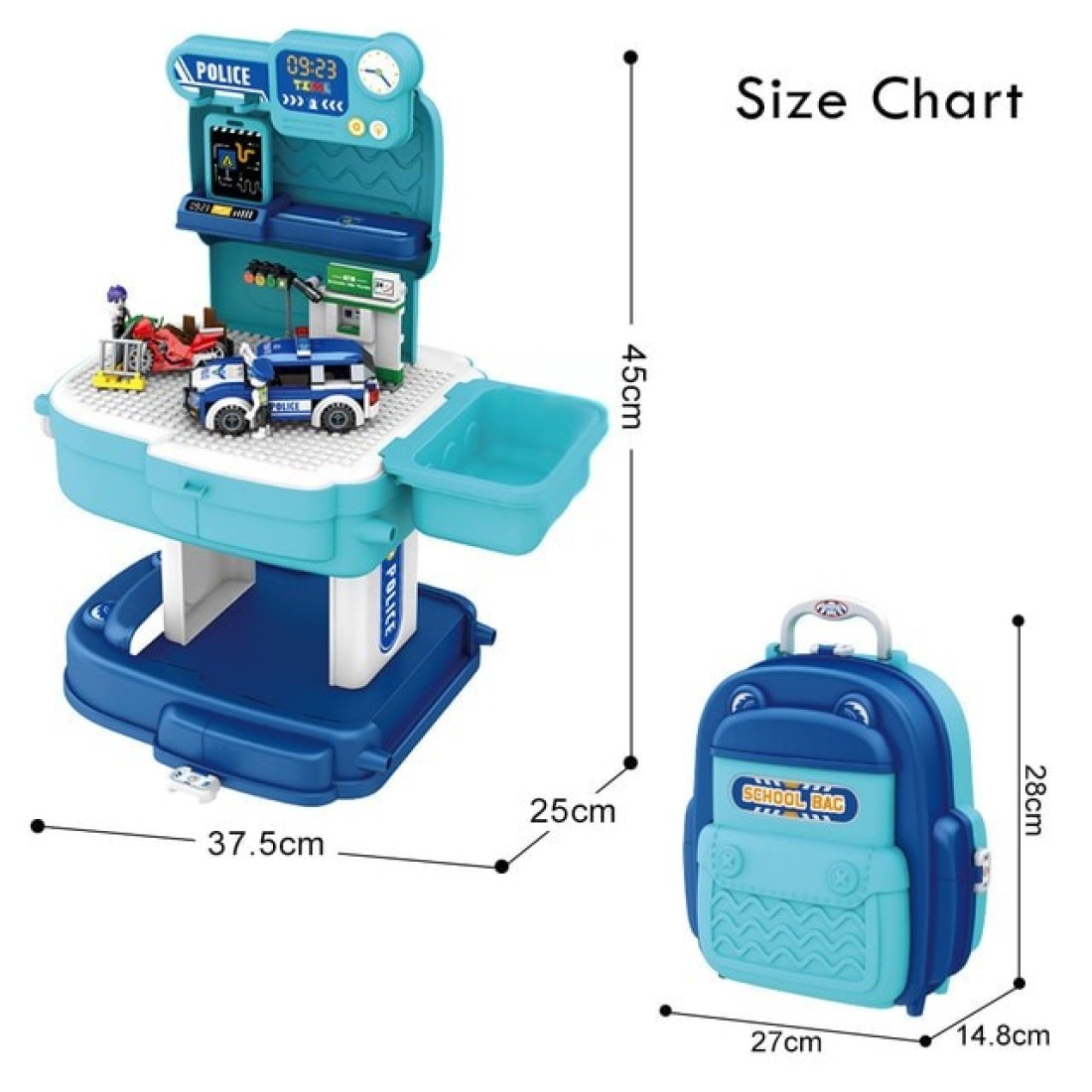 Little Story ROLE PLAY POLICE STATION WITH POLICE CAR AND BLOCK TOY SET SCHOOL BAG (219 Pcs) - Blue, 2-IN-1 Mode