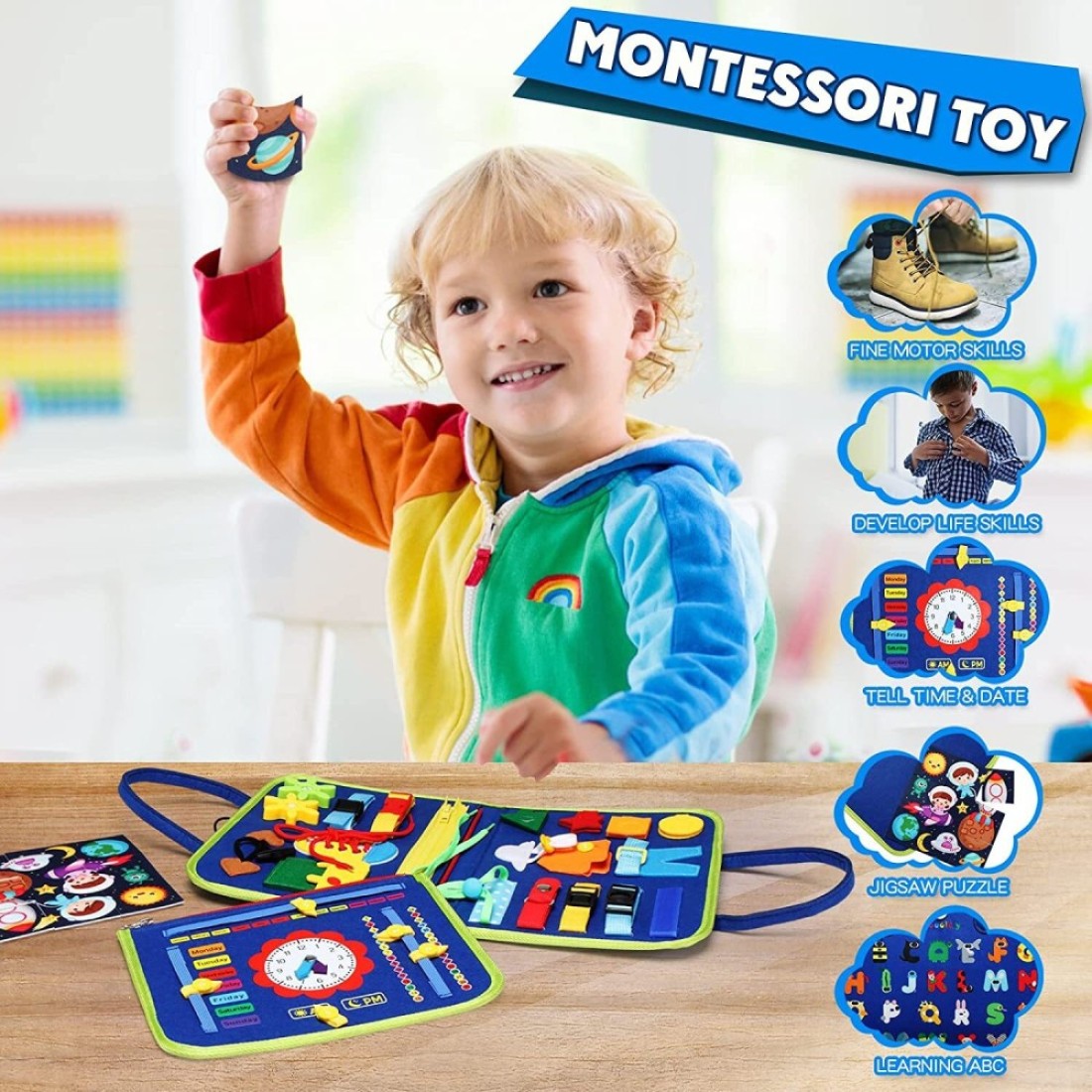 Sybil&#39;s Busy Books for Kids Montessori Preschool Activity Books for Toddlers and Kids 3-5 Years Children Educational Toys With Zipper Basic Skills Development Busy Board (Little Explorers Blue)