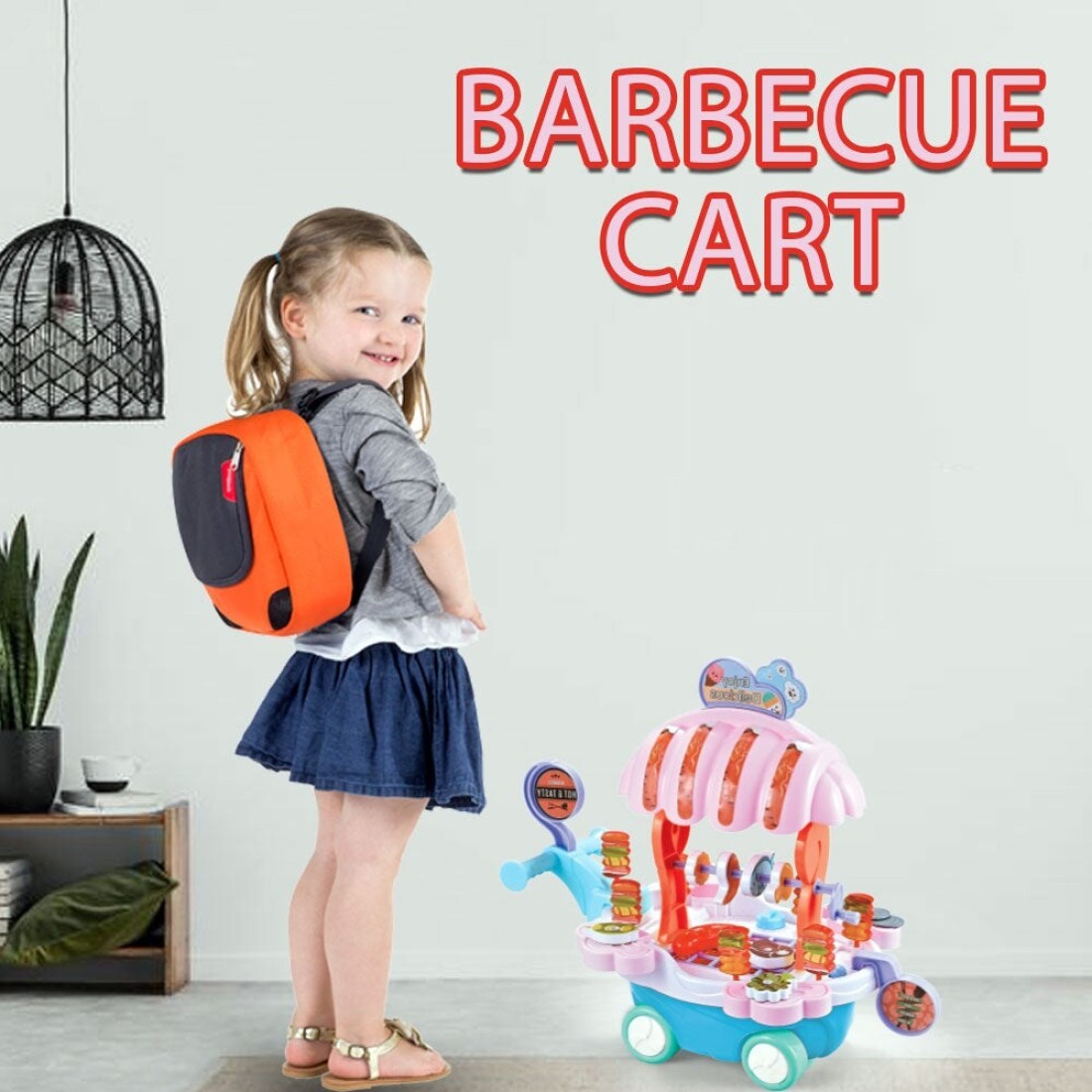 Kidwala Bbq Music Trolley With Rotating Wheels Red Base &amp; Blue Umbrella Roof Truck, Pretend Play Educational Food Truck With Music &amp; Lighting Toy For Boys &amp; Girls