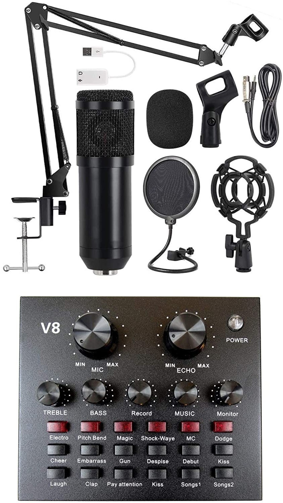 Mike Music Multifunctional Live Sound Card &amp; Bm800 Suspension Microphone Kit Broadcasting Condenser Microphone Set With Blutooth (Sound Card Full Set, Black)