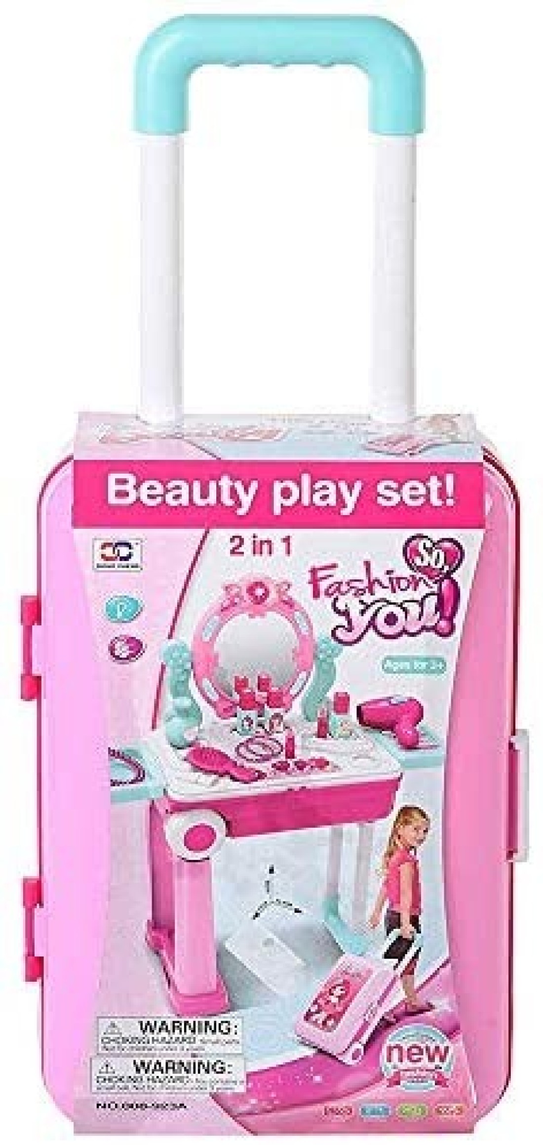 2 in 1 Pretend Play Kids Vanity Table and Chair Beauty Mirror and Accessories Play Set with Trolley Fashion Makeup Accessories for Girls