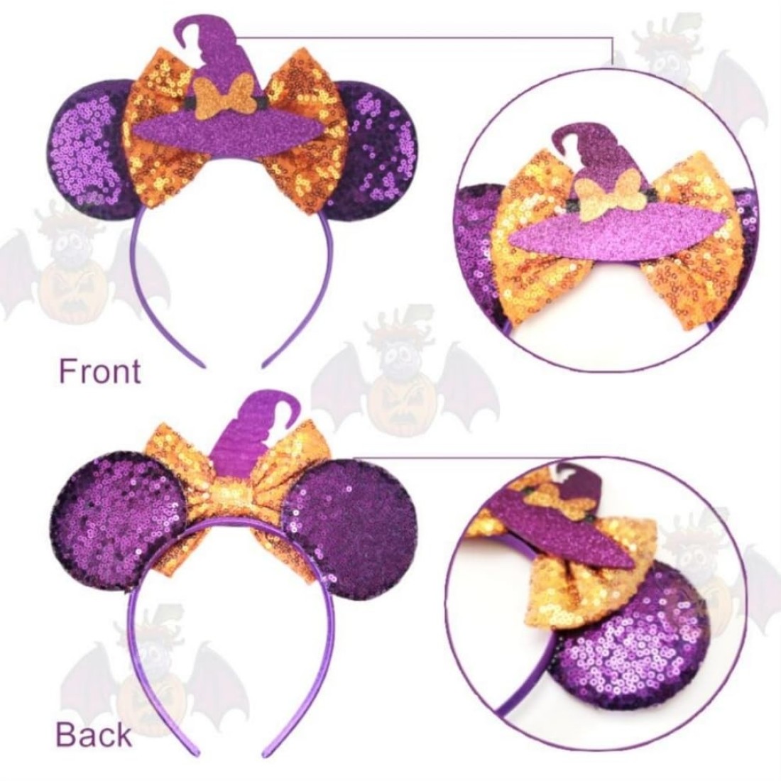 YOWOCAL Halloween Mouse Ear Headband for Women GirlsSequin Bow Hair Hoop Headwear for Halloween Party Decorations Costume