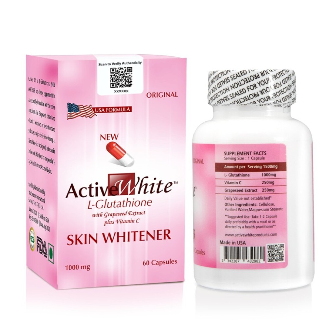 Active White High Antioxidant L Glutathione -Skin Whitening Pills (Made In USA)