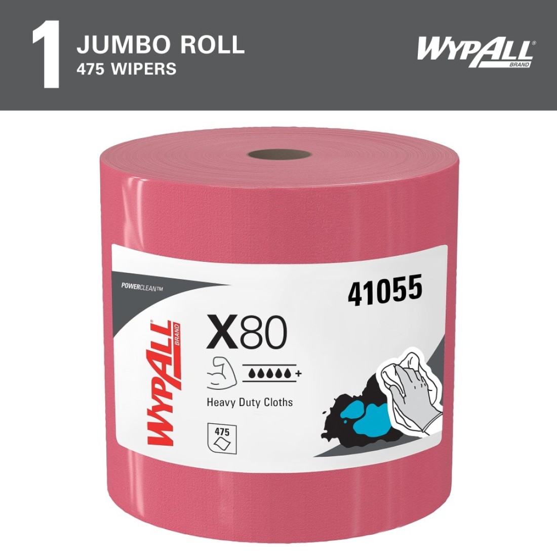 WypAll X80 Reusable Wipes 41055 Extended Use Cloths Jumbo Roll Red 475 SheetsRoll 1 RollCase