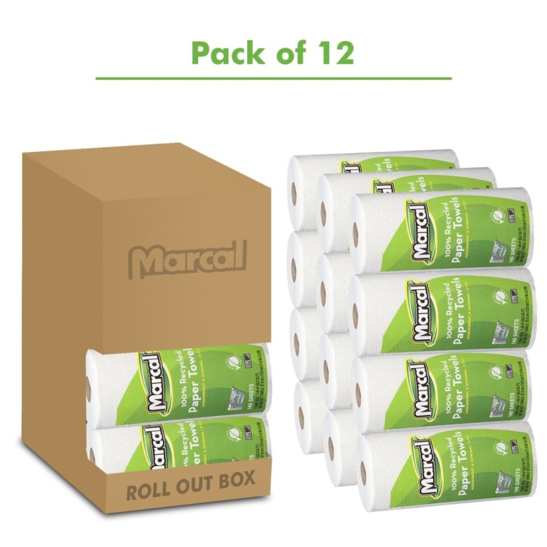 Marcal Paper Towels USizeIt Sheets 2 Ply 140 Sheets Per Roll 100 Recycled 12 Roll Out Rolls Per Case Green Seal Certified Paper Towel Rolls 06183
