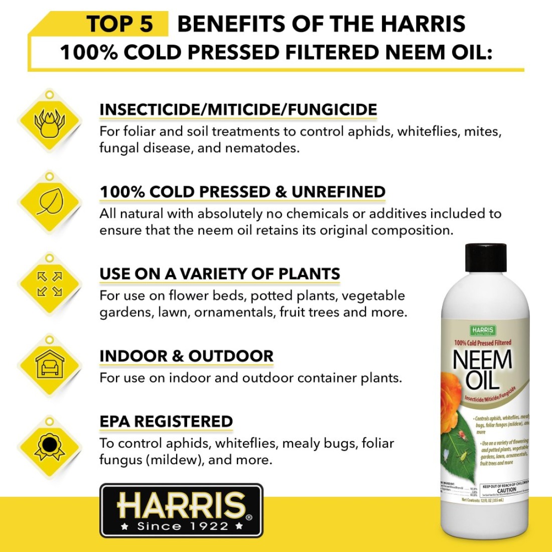 HARRIS Neem Oil 100 Cold Pressed and Unrefined Concentrate for Plant Spray High Azadirachtin Content 12 Ounce for Aphids Whiteflies Mealy Bugs and More