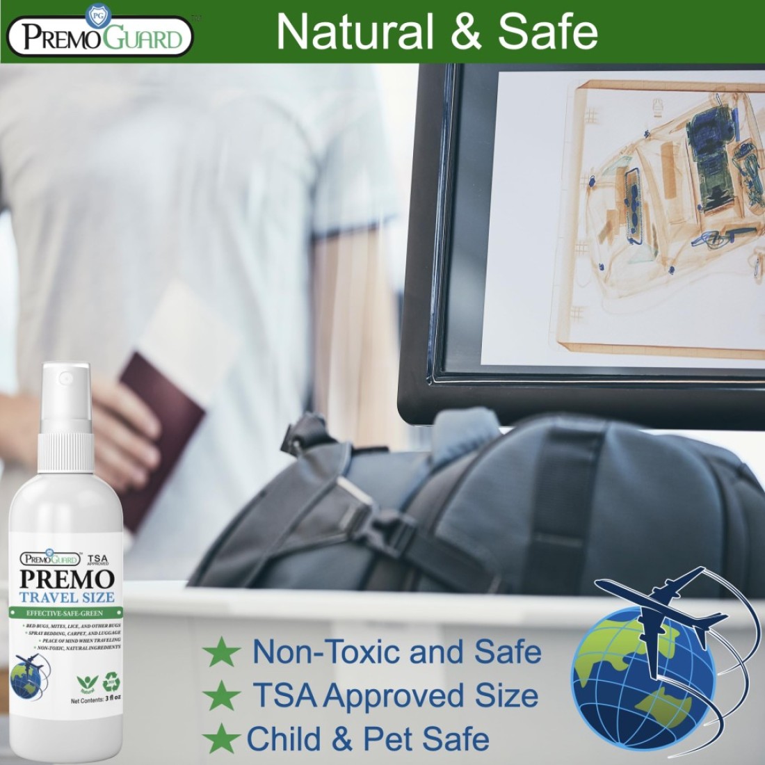 Travel Bed Bug Mite Killer Spray by Premo Guard 3 oz Child Pet Safe Fast Acting Stain Odor Free Best Protection Carryon Bag Approved