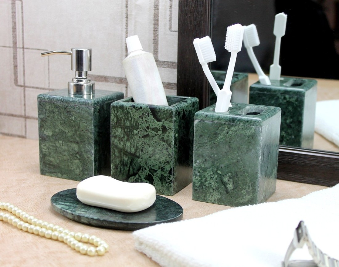 KLEO Bathroom Accessory Set Made from Natural Stone Bath Accessories Set of 4 Includes Soap Dispenser Toothbrush Holder Tumbler and Soap Dish Green