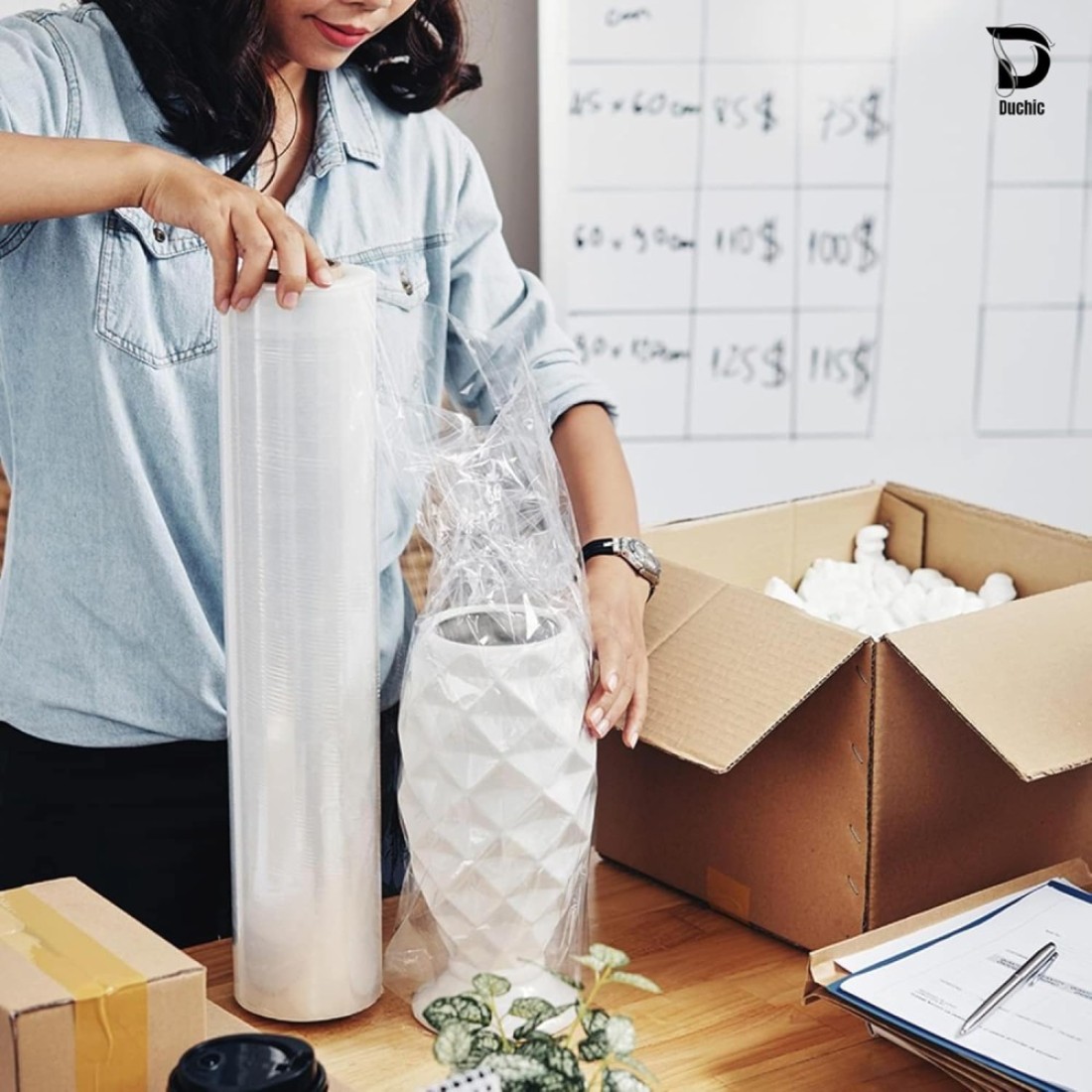 Duchic, [1 Roll] Clear Stretch Film Wrap - 500mm Heavy Duty Plastic Shrink Wrap for Pallet Wrap, Packing, Moving and Packaging - Cling Wrap, 1.30 kg, 400g core