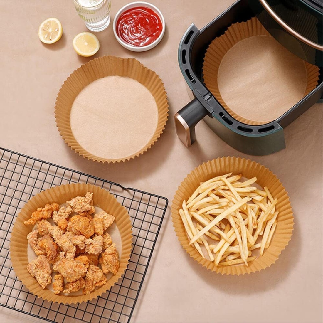 Marrkhor 100Pcs Air Fryer Disposable Paper Liner Round Natural Parchment Paper For Air Fryer, Non-Stick Oil-Proof Food Grade Paper Liner For Baking Roasting Microwave