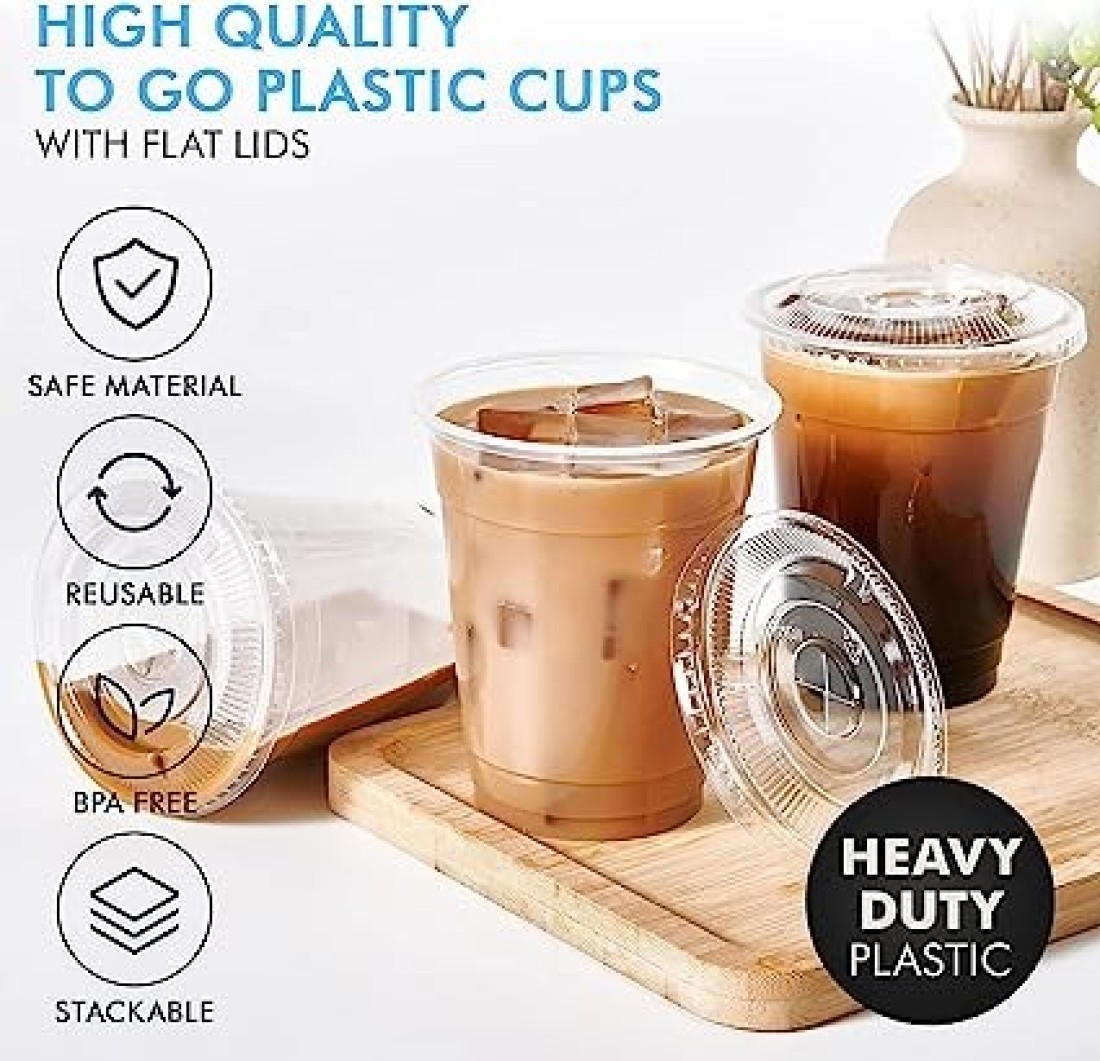 Vsell24&trade; 50PC Disposable Drinking Plastic Cup 12oz For Smoothie Coffee Water Juice Cups With Flat Lid Clear&hellip;