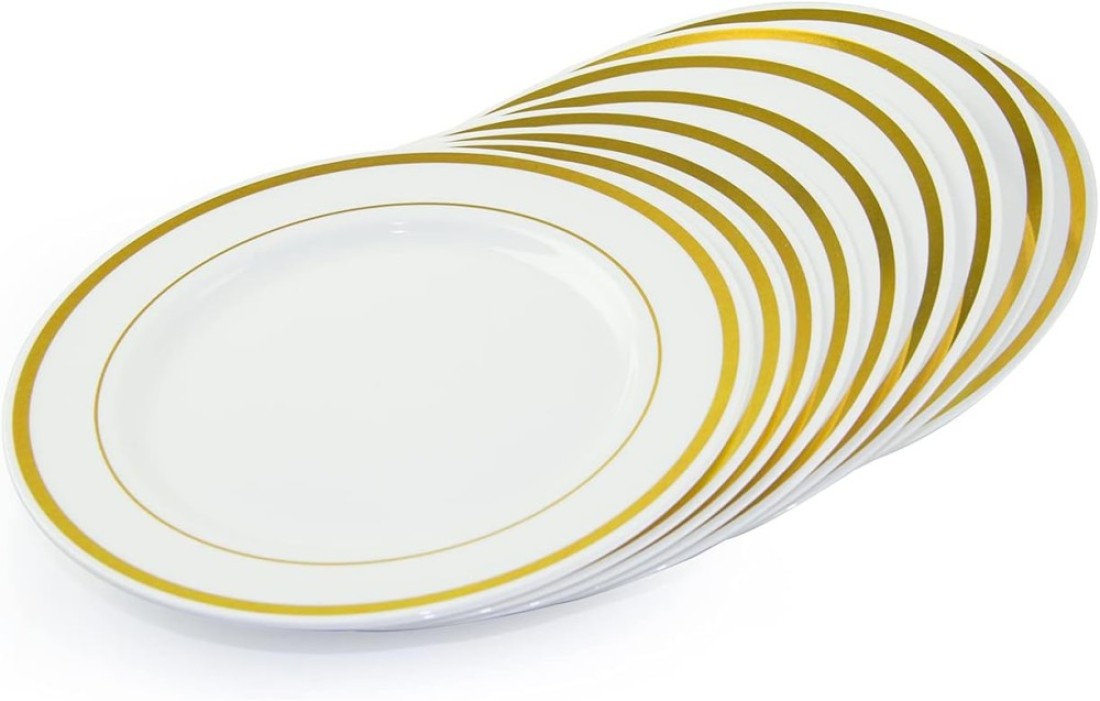 7.5&#39;&#39; White &amp; Gold Disposable Plastic Plates &ndash; 24g, Sturdy &amp; Elegant &ndash; Pack of 120 plates