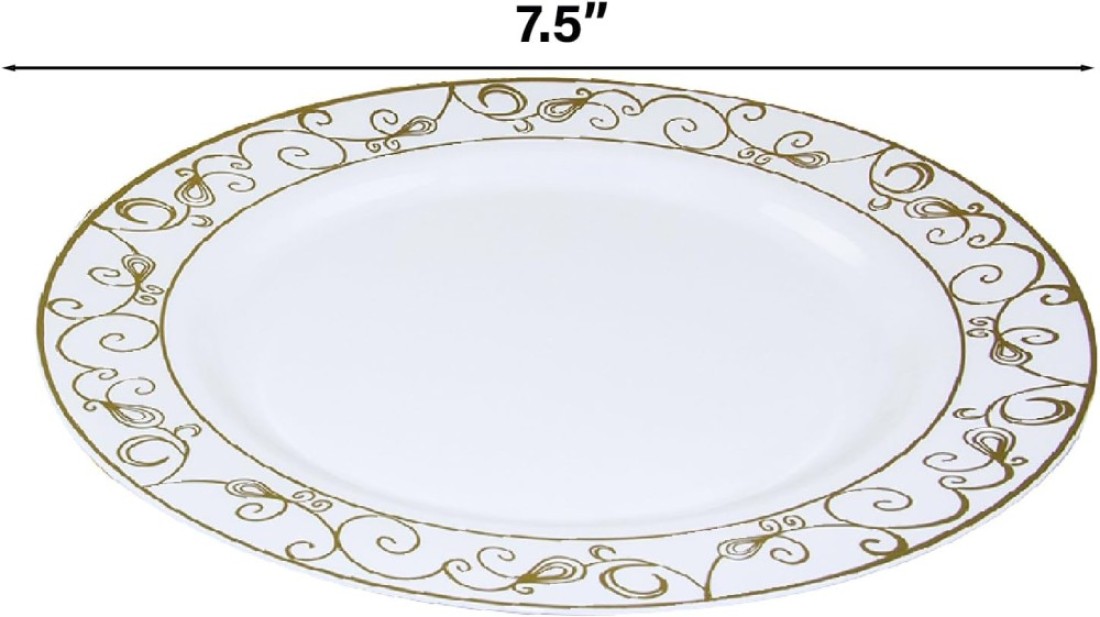 7.5&#39;&#39; White &amp; Gold Disposable Plastic Plates &ndash; 24g, Sturdy &amp; Elegant &ndash; Pack of 120 plates