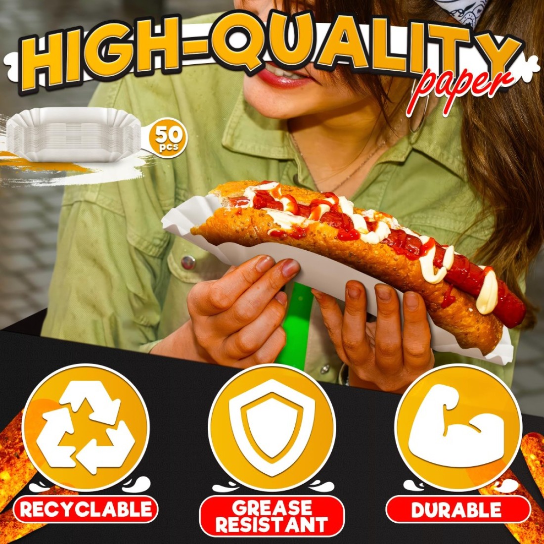 Hotdog Serving Tray for Food Serving 50Pcs White Hot Dog Trays Disposable Trays for Serving Food Trays for Party Serving Supplies Hotdog Tray Small White Paper Trays for Food Disposable Plates