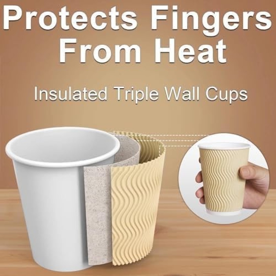 MahMir&reg; 12oz. Brown Disposable Ripple Insulated Coffee Cups - Eco-Friendly Disposable Cups - Hot Beverage Corrugated Paper Cups - Sleeve Ripple Wall Paper Coffee Cups for Drink -Tea Cup (12oz. 100pcs)