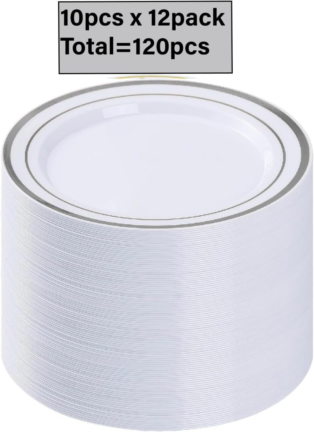 10&quot; Disposable Plastic Plates, White &amp; Gold Color, 46g Weight, Pack of 120 Plates