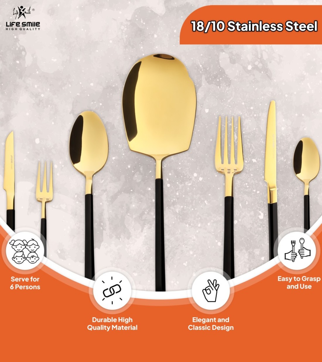 LIFE SMILE Cutlery Set, 18/10 Pure Stainless Steel Flatware Set with Stand, Rust Proof &amp; Fade Proof Dinnerware Set (SHINY GOLD HEAD &amp; SHINY BLACK HANDLE, 38 Pieces)