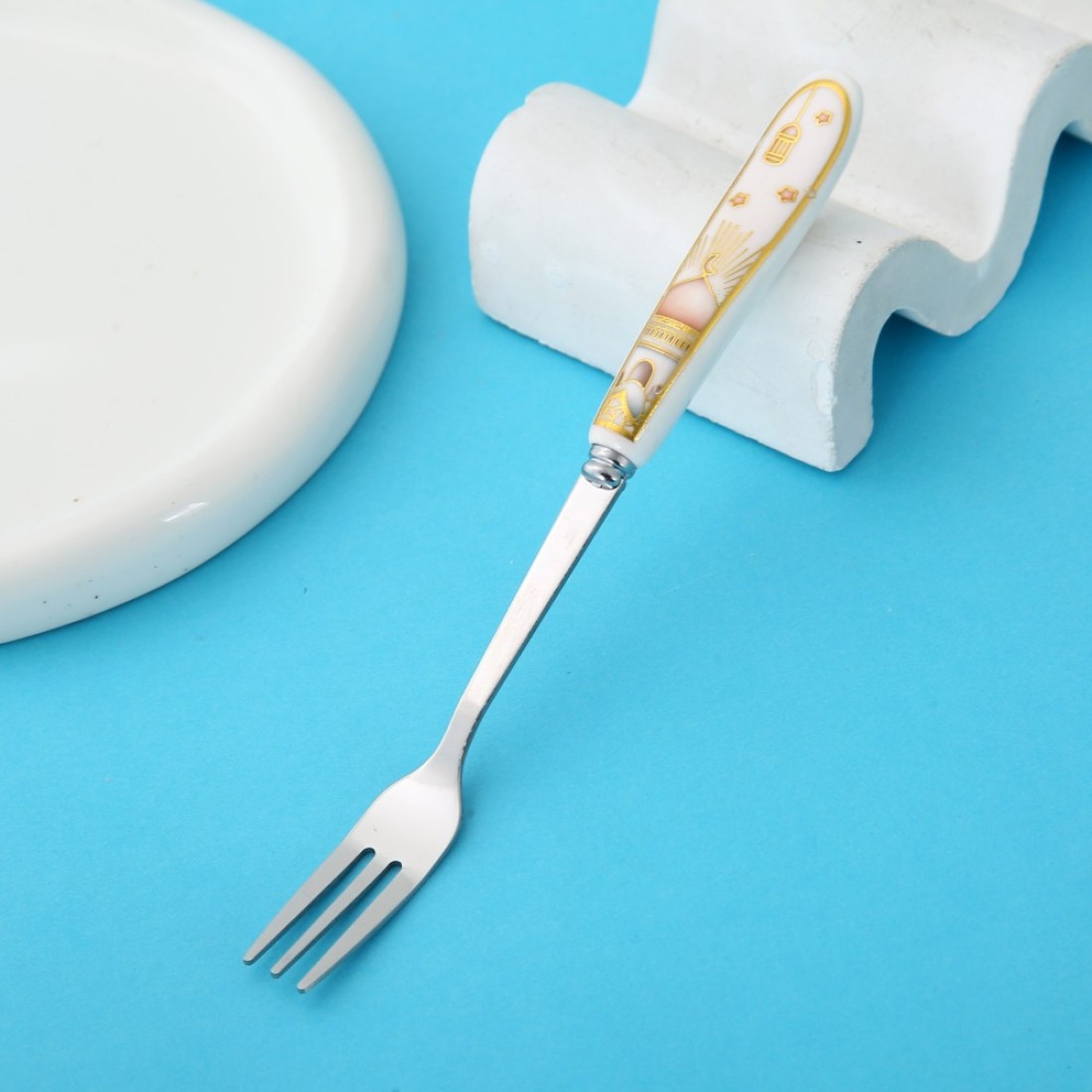 Lihan 6Pcs Ramadan Designed Fork (S), Gold Plasted Design Plating Stainless Steel 15.5X1.5X15.5Cm Spoons For Cake Spoon, Dessert Spoons, Easy To Clean, Dishwasher Safe