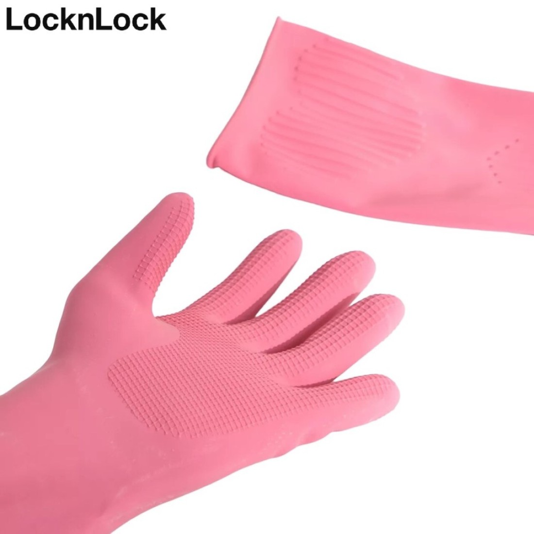 LocknLock Pink Rubber Gloves (M) 36cm - Non-Slip Grip, Comfortable Fit, Ideal for Household Cleaning