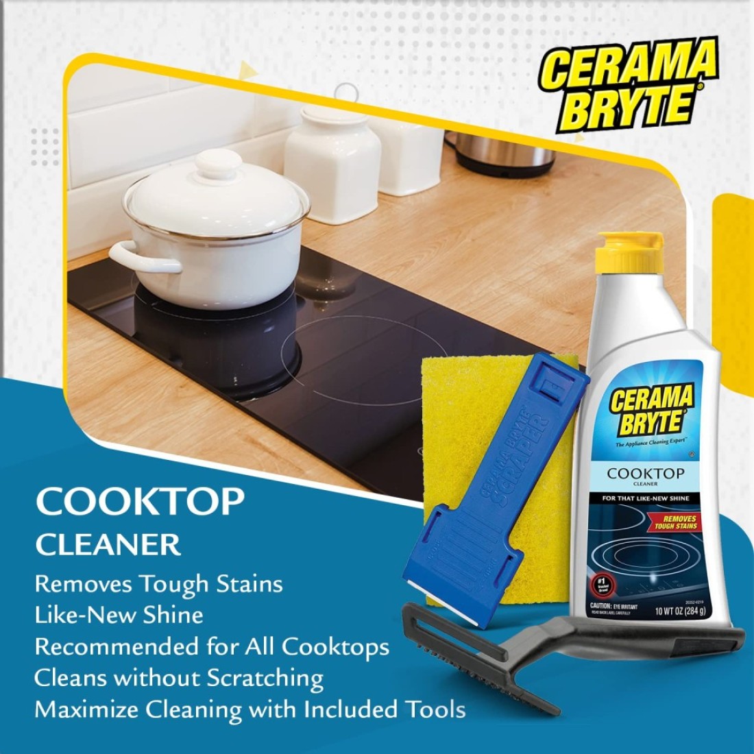 Cerama Bryte Combo Kit POWR Grip Scraper Pad Removes Tough Stains Cooktop and Stove Top Cleaner for Glass Ceramic Surfaces 10 Ounces 4 Piece