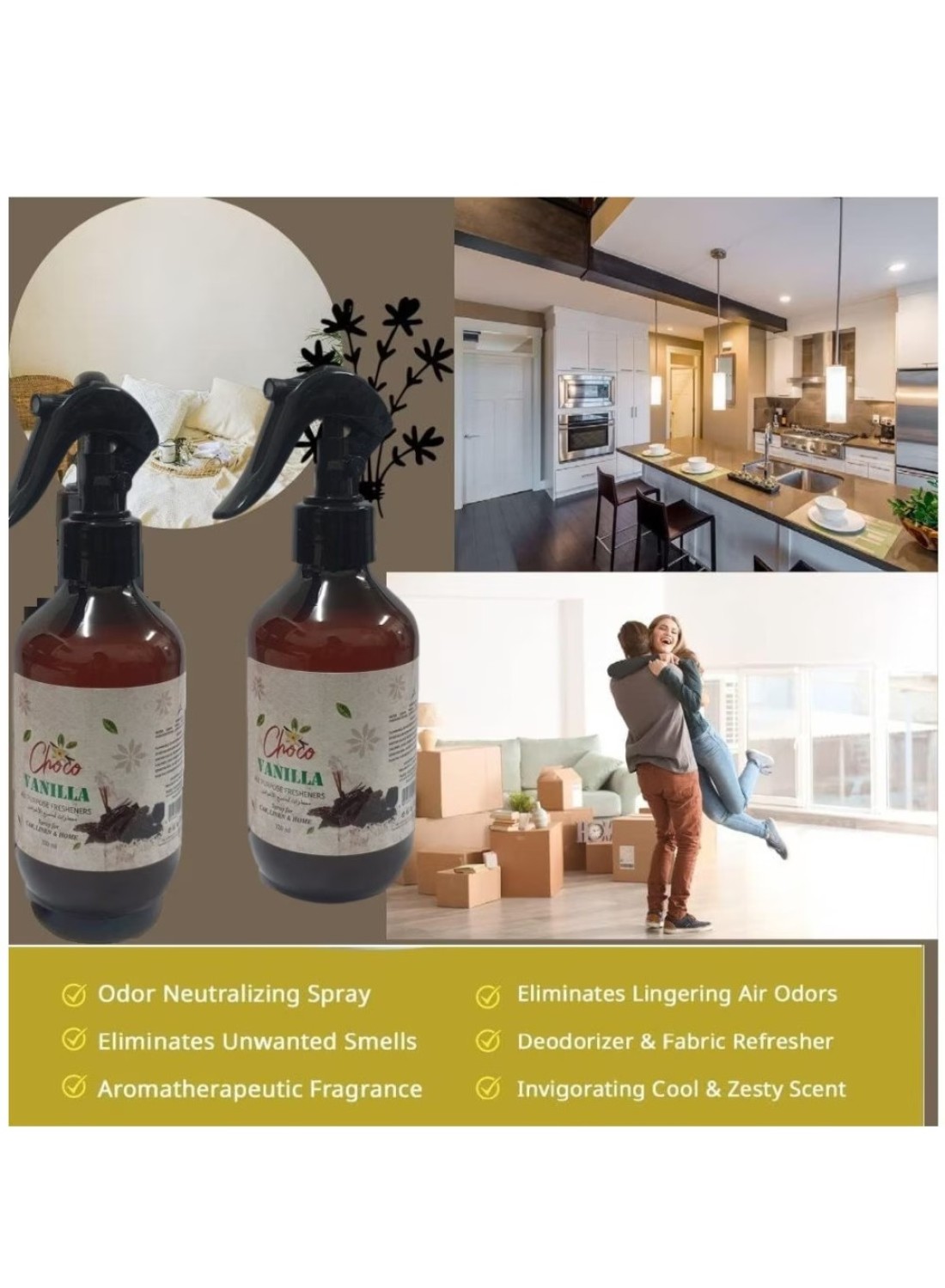 320ml Chocolate and Vanilla Room Air Freshener - 2-Pack for Home, Office, Carpets, and Pillows - Odor Eliminator