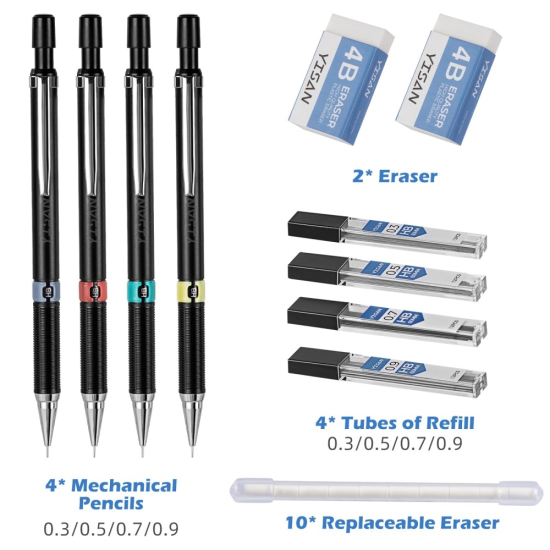 YISAN Mechanical Pencil Set 03 05 07 09mmAutomatic PencilLead Pencils 4 PCS with Erases and Lead Refills for School WritingSkechingDrawing70719