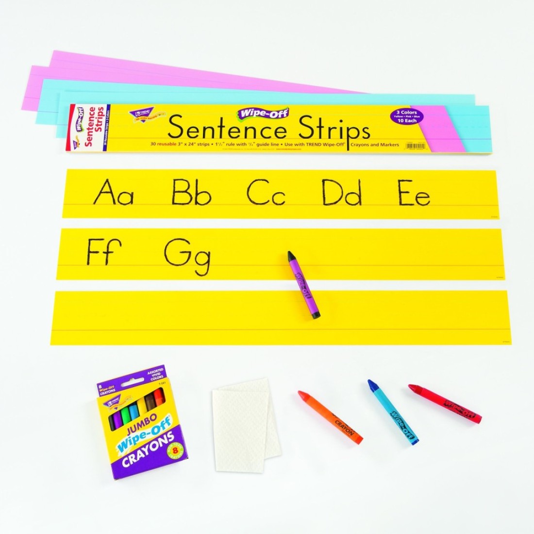 TREND WipeOff Sentence Strips 24 X 3 Blue Pink Yellow 30Pack