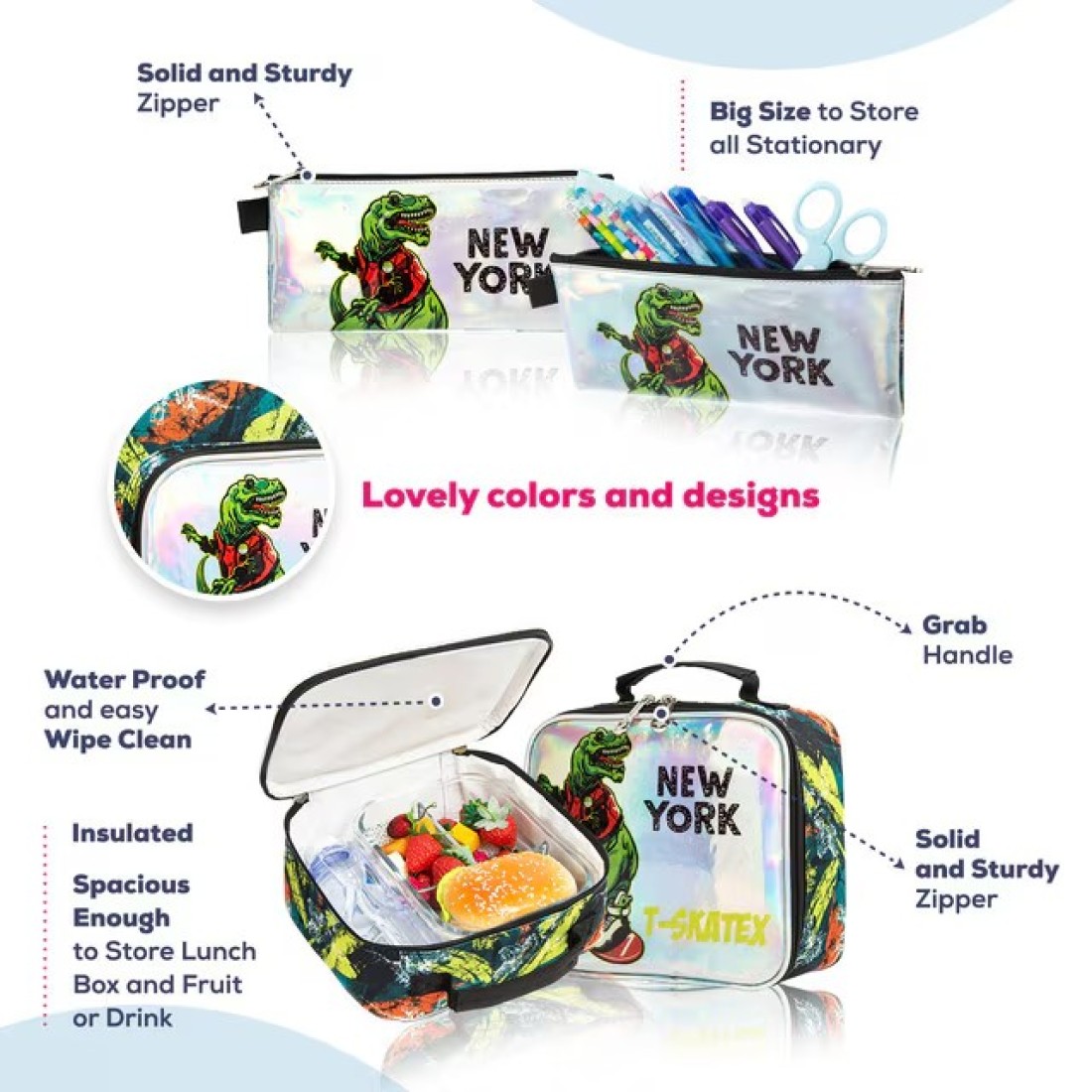 Eazy Kids - 16&quot; Set of 3 Trolley School Bag Lunch Bag &amp; Pencil Case New York Dinosaur - Green