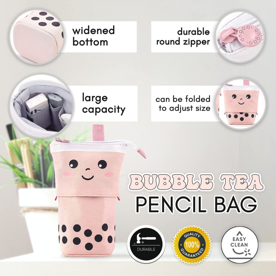 Primo Lines Kawaii Pencil Case and Complete 61 PCS Pink Stationary Set with Pop Up Cute Boba Case 8 Pens 50 Bubble Tea Stickers Multi Color Pen For School Supplies