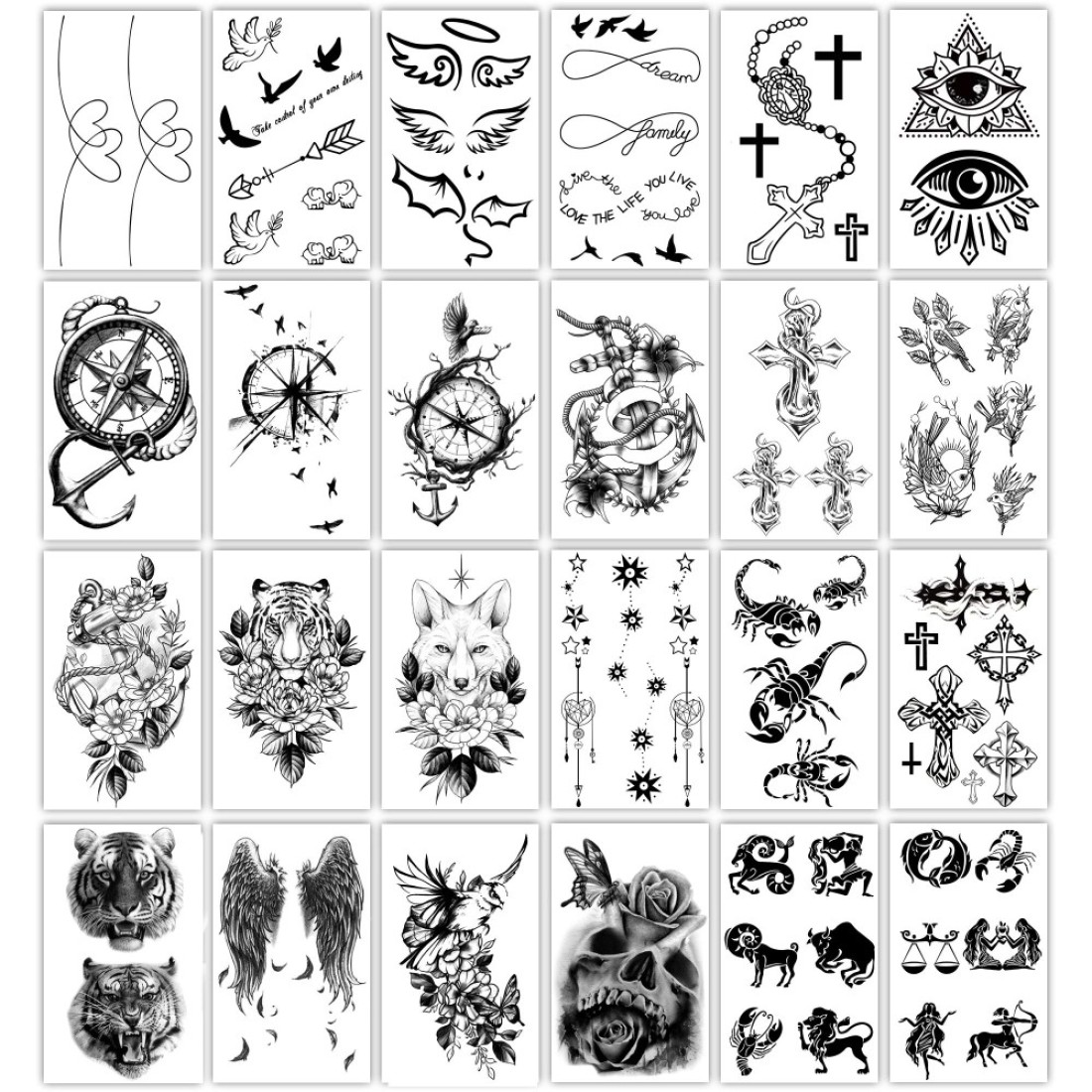 Yazhiji 36 Sheets Temporary Tattoos Stickers 12 Sheets Fake Body Arm Chest Shoulder Tattoos for Men or Women with 24 Sheets Tiny Black