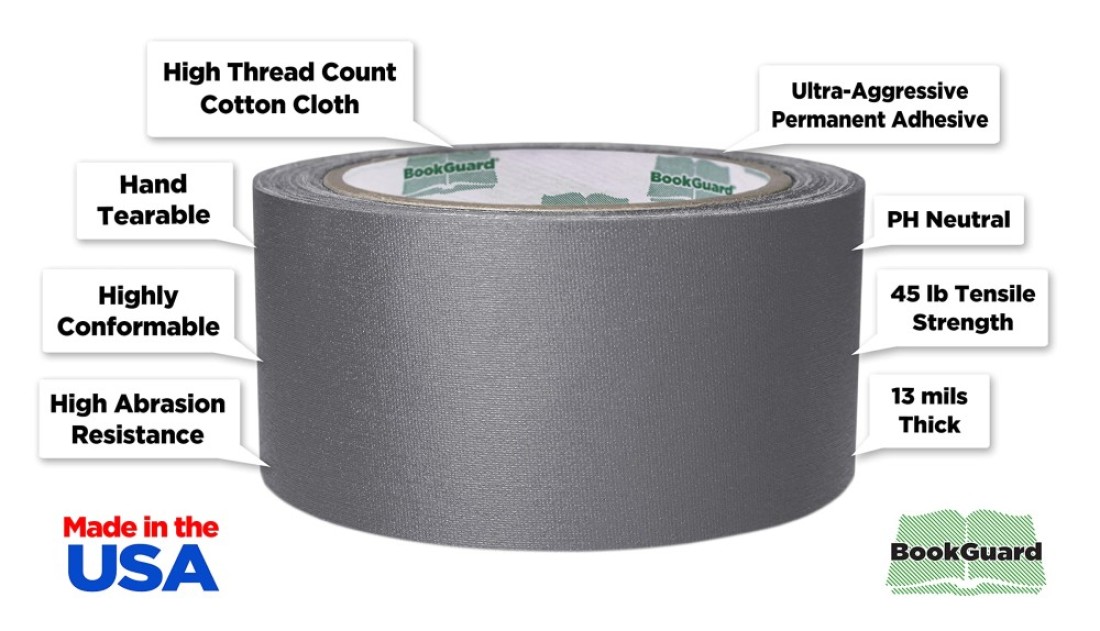 BookGuard 2 inch Premium Bookbinding Repair Cloth Tape 15 Yard Roll Gray
