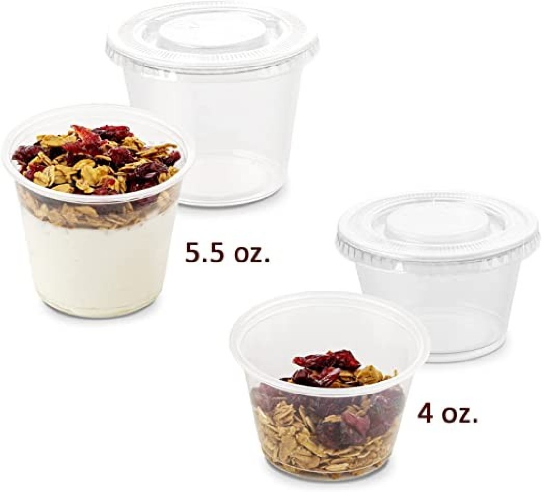Yesocea [100 Pack] 5.5 Oz. Clear Plastic Disposable Portion Cups With Lids Sampling Cups, Portion Control Cups, Slime Container