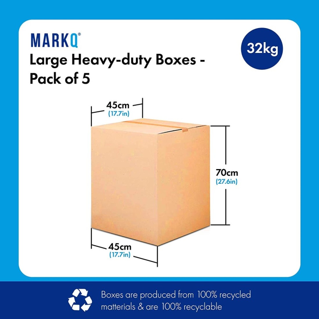 Markq [5 Pack] Large Double Wall 100% Recyclable Corrugated Cardboard Moving Boxes with 32 KG Capacity, 45 x 45 x 70 cm Brown Carton for Packaging, Shipping and Storage, 5 ply