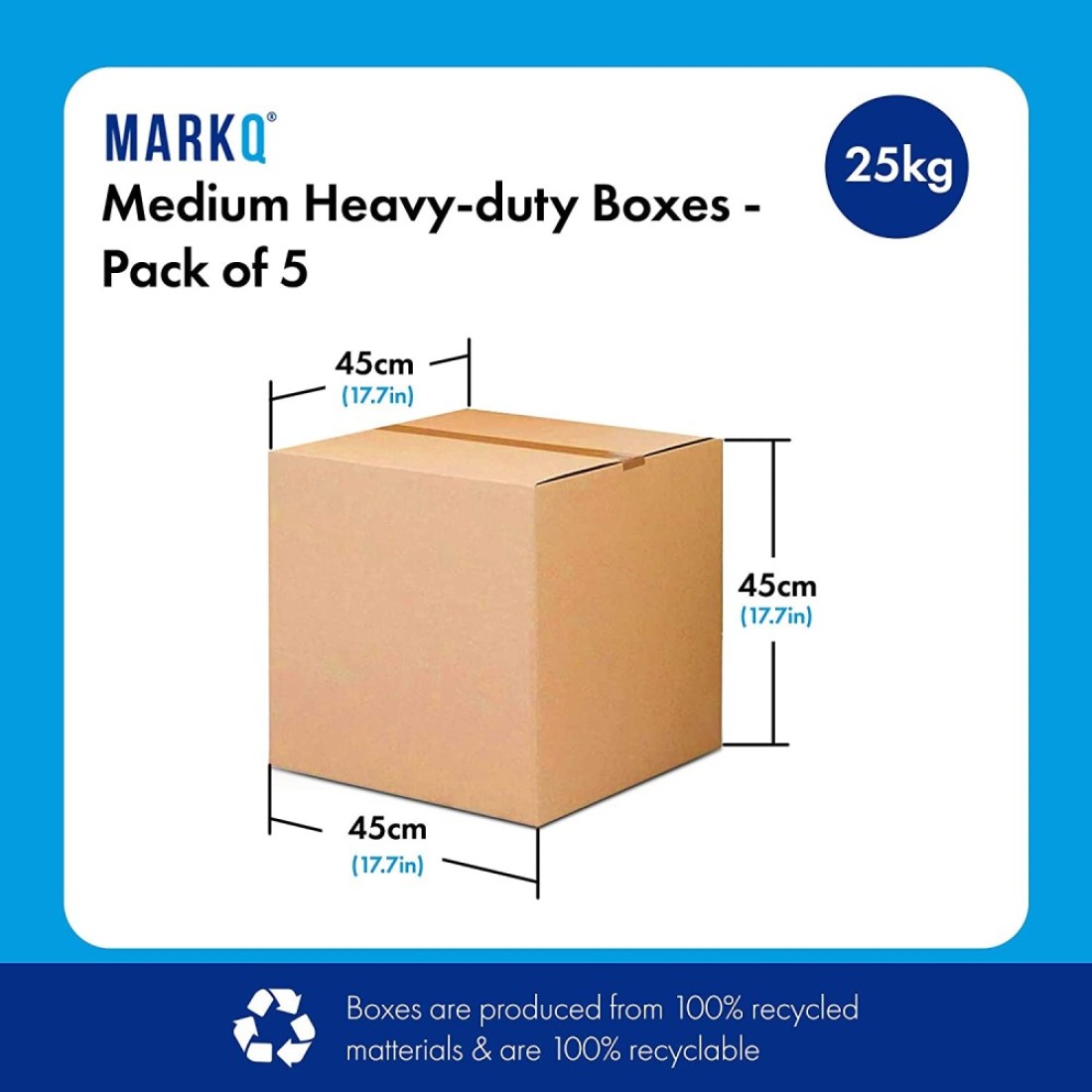 Markq [5 Pack] Medium Double Wall 100% Recyclable Corrugated Cardboard Moving Boxes with 25 KG Capacity, 45 x 45 x 45 cm Brown Carton for Packaging, Shipping and Storage, 5 ply