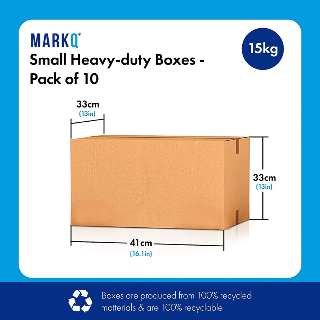Markq [10 Pack] Small Double Wall 100% Recyclable Corrugated Cardboard Moving Boxes with 15 KG capacity, 41 x 33 x 33 cm Brown Carton for Packaging, Shipping and Storage, 5 ply