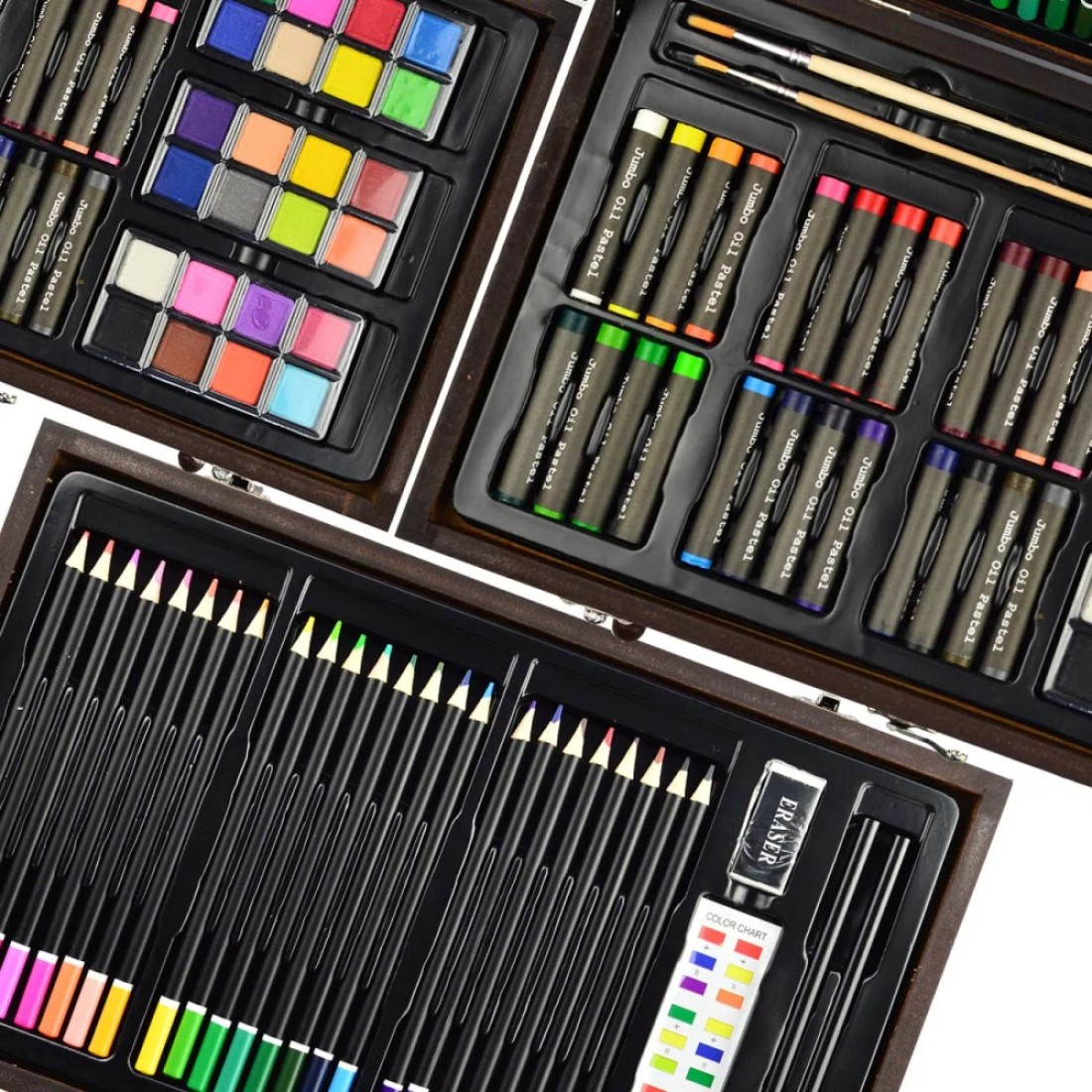 Sunnyglade 145 Piece Deluxe Art Set Wooden Box Drawing Kit with Crayons Oil Pastels Colored Pencils Watercolor Cakes Sketch Pencils Paint Brush Sharpener Eraser Color Chart Cherry