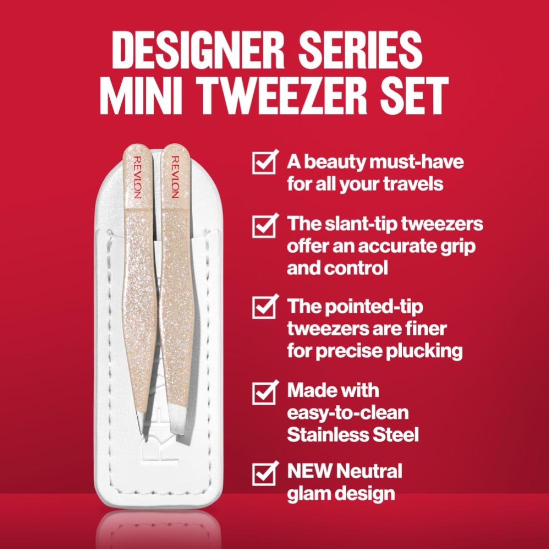 Revlon Designer Series Mini Tweezer Set Hair Removal Tool Kit With Mini Slanttip and Point Tip Tweezers Portable and Easy to Use Made With Long Lasting Stainless Steel 1 count