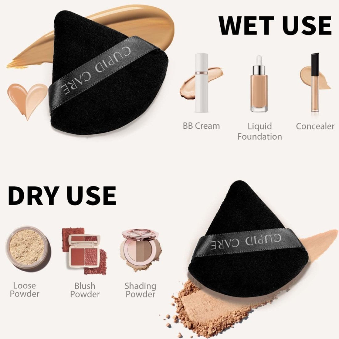 6 Pcs Triangle Powder Puff with 2 Travel Cases Setting Powder Puffs for Face Velour Makeup Puff for Loose Powder Body Powder Blender Sponge Foundation Blending Sponges Beauty Tools