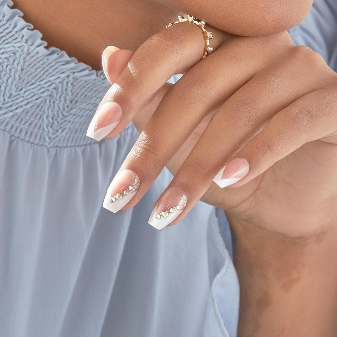 KISS imPRESS No Glue Mani PressOn Nails French Glimpse Light Neutral White Tip French Medium Size Coffin Shape Includes 30 Nails Prep Pad Instructions Sheet 1 Manicure Stick 1 Mini File