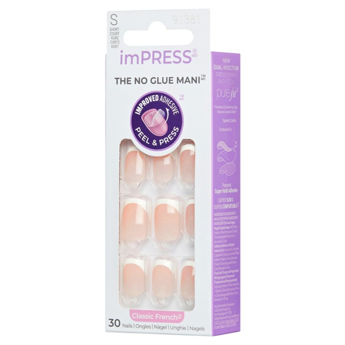 Kiss Impress Classic The No Glue Mani French False Nails IFC01C, Small