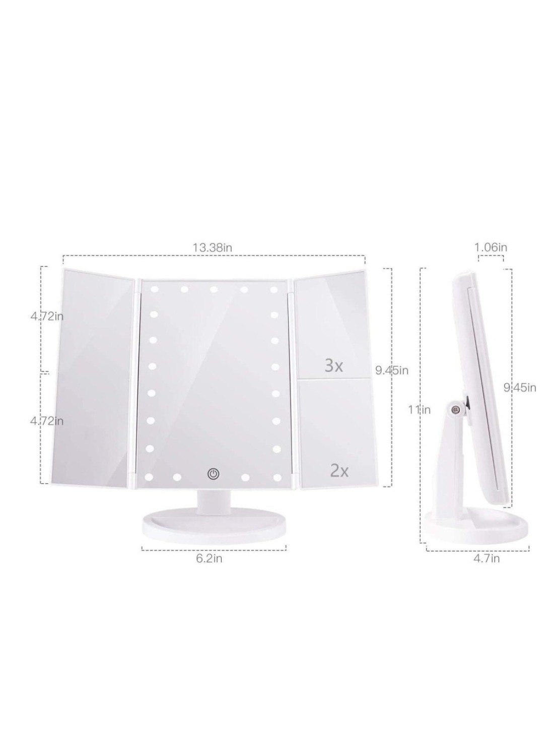 Makeup Mirror Vanity Mirror with Lights, 1x 2X 3X Magnification, Trifold Lighted Makeup Mirror, Touch Control, Dual Power Supply, Portable LED Makeup Mirror
