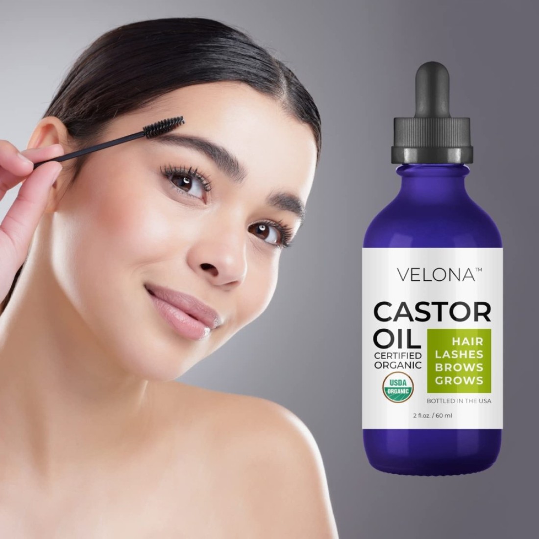 velona USDA Certified Organic Castor Oil 2 fl oz Stimulate Growth Eyelashes Eyebrows Hair Cold pressed Natural Oil USP Grade Hexane Free Lash Boost Serum Caster Starter Kit