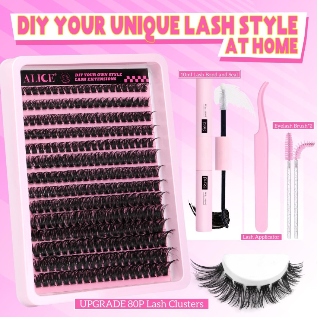 DIY Eyelash Extension Kit D Curl Fluffy Wispy Lash Clusters Individual Lashes Lash Extension Kit with Lash Bond and Seal Applicator Tool for Self Application at Home 80P280PcsMix1016mm007D