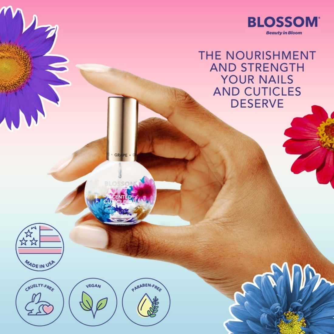 Blossom Hydrating Moisturizing Strengthening Scented Cuticle Oil Infused with Real Flowers Made in USA 05 fl oz Grape