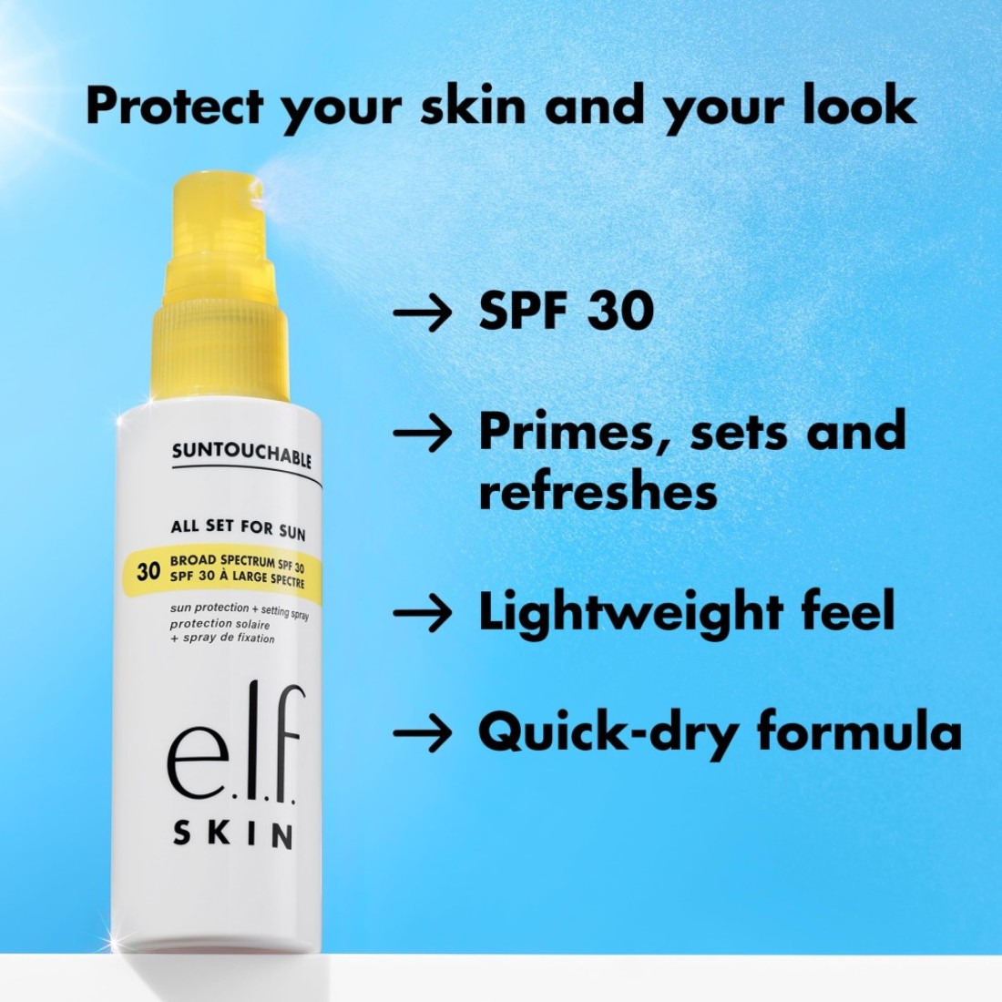 elf SKIN All Set For Sun SPF 45 Setting Spray With SPF 45 For LongLasting Makeup Weightless NonGreasy Formula Vegan CrueltyFree Packaging May Vary