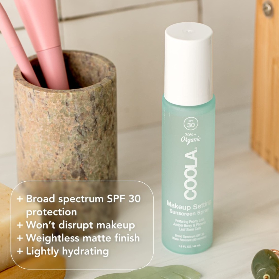 COOLA Organic Makeup Setting Spray with SPF 30 Hydrating Makeup Protection Sunscreen made with Cucumber Aloe Vera Dermatologist Tested Alcohol Free 15 Fl Oz