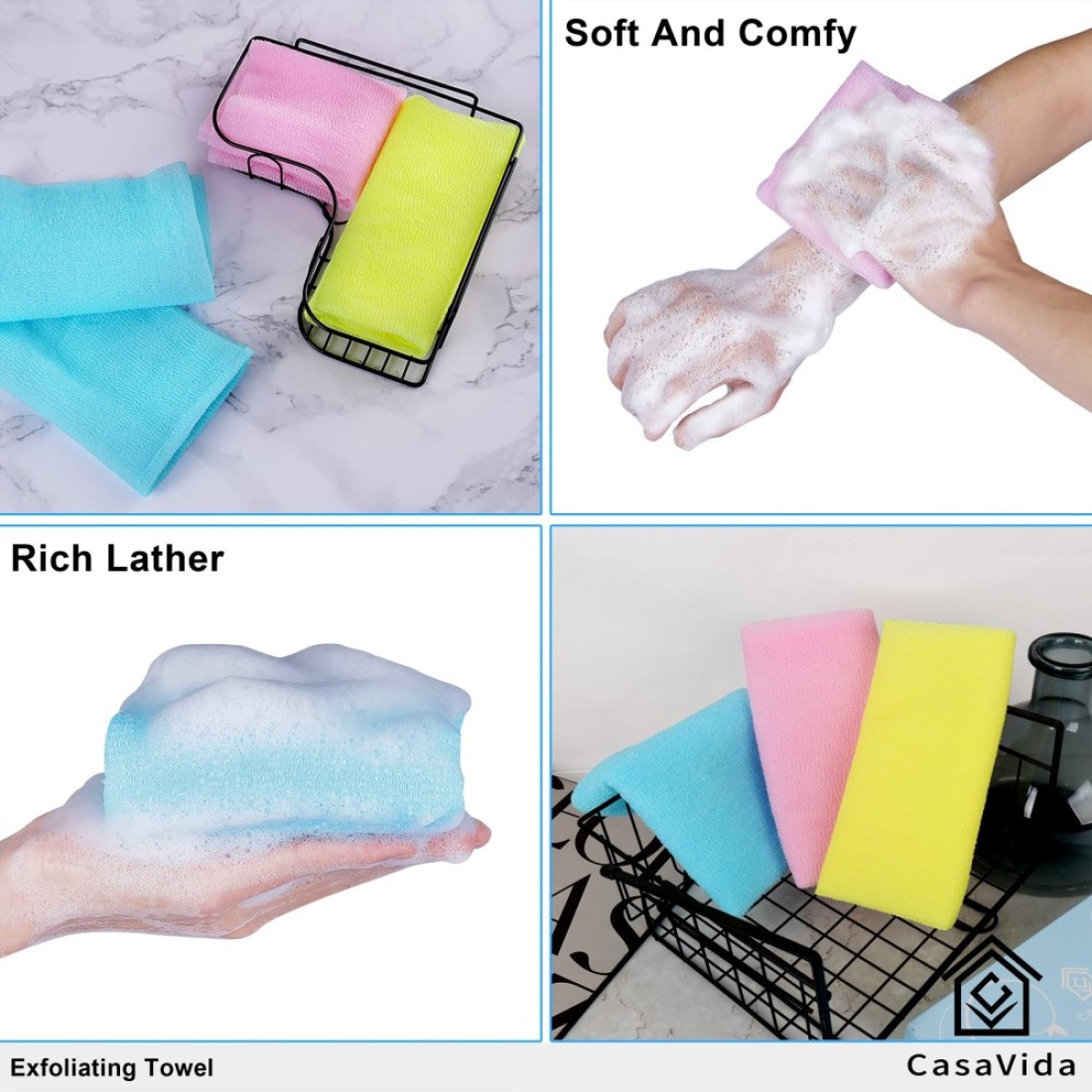 CASAVIDAExfoliating Washcloth Back Scrubber for Shower Exfoliating Body Scrubber Japanese Beauty Washcloth African Net Sponge Bath Korean Loofah Towel Wash Cloth Body Shower Scrub Towel 3 Pack