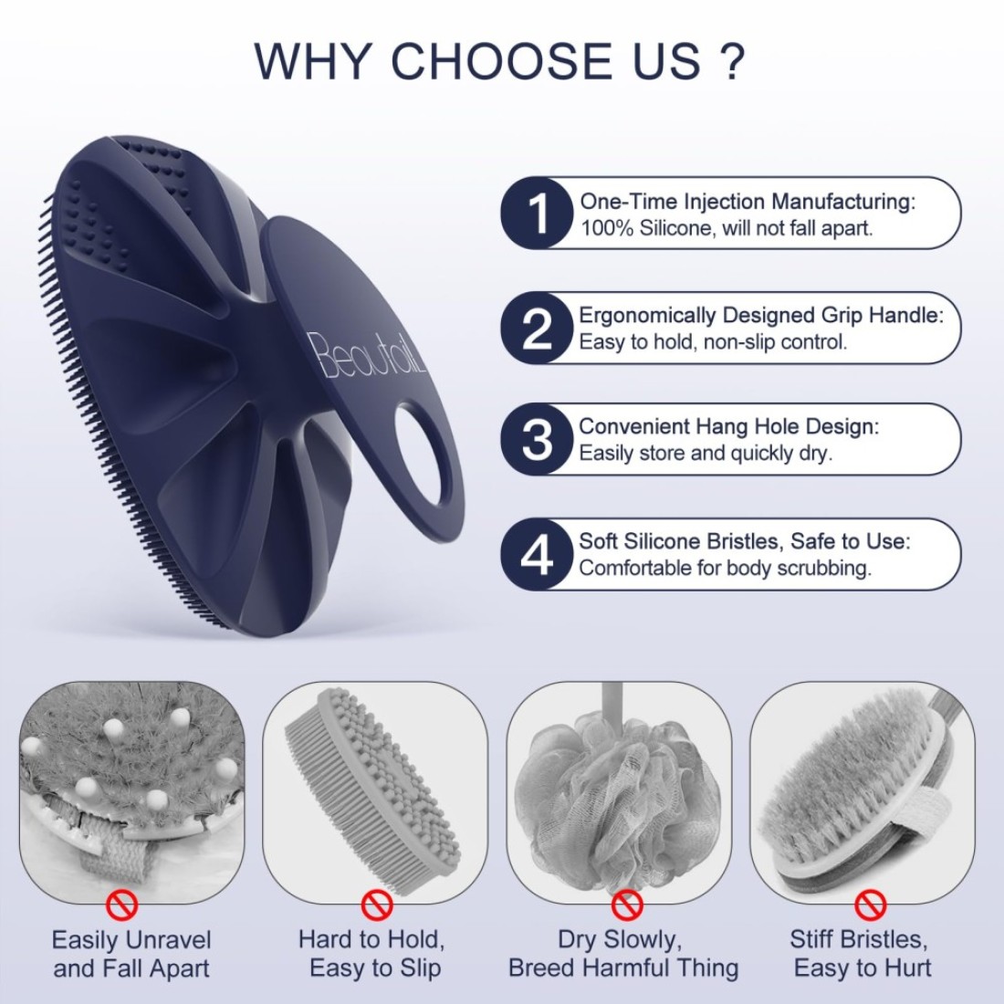 BEAUTAIL Silicone Body Scrubber Shower Bath Wash Brush Gentle Exfoliating Scrub Cleansing Loofah for Women Men Baby Sensitive Skin Easy to Clean Lather Nicely More Hygienic 1 Pack Blue