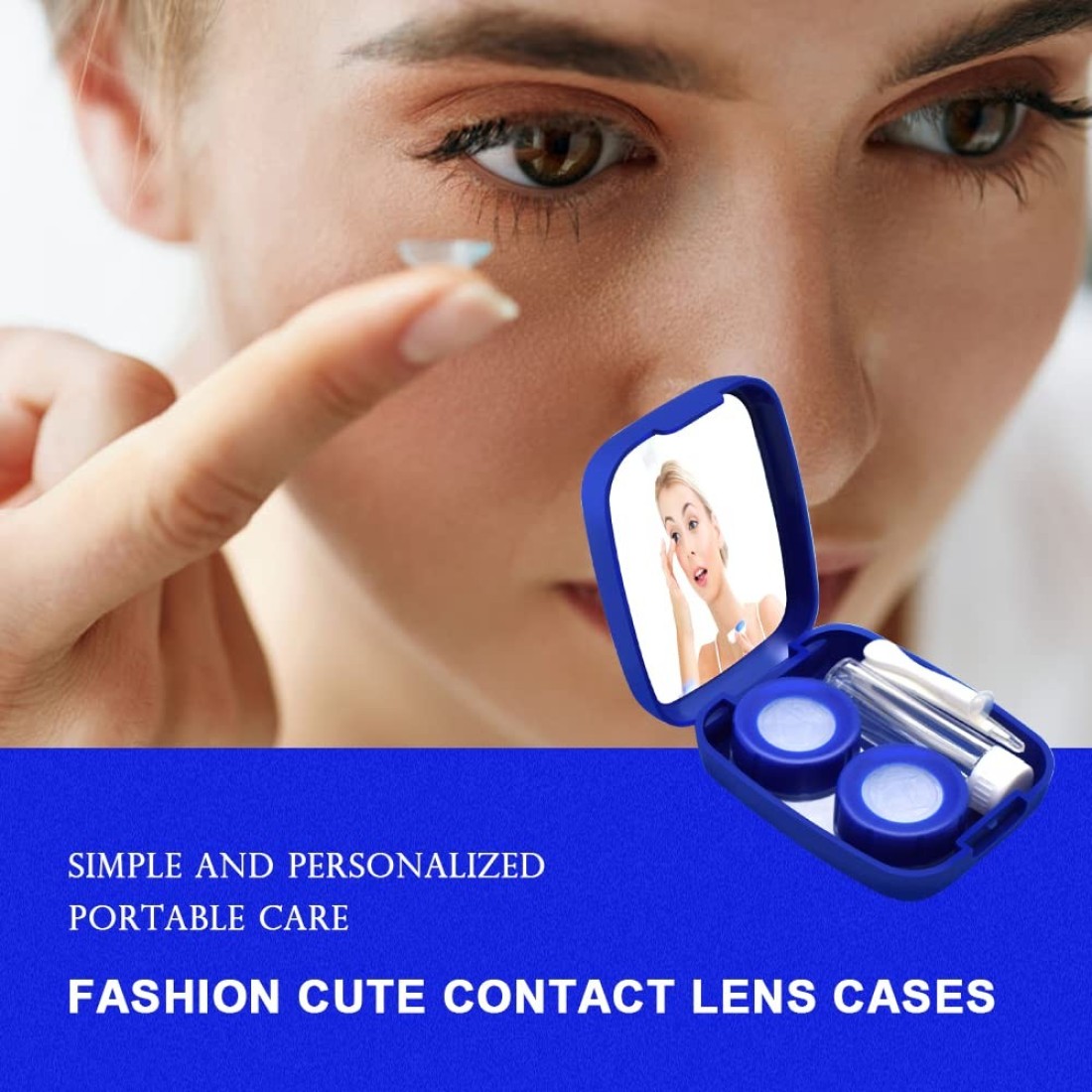 Fsunthmass Pack of 2 Portable Contact Lens Case Blue Scrub with MirrorBlue transparent LeakProof Contact Case Travel with Tweezers Remover Tool Solution Bottle for Travel Home