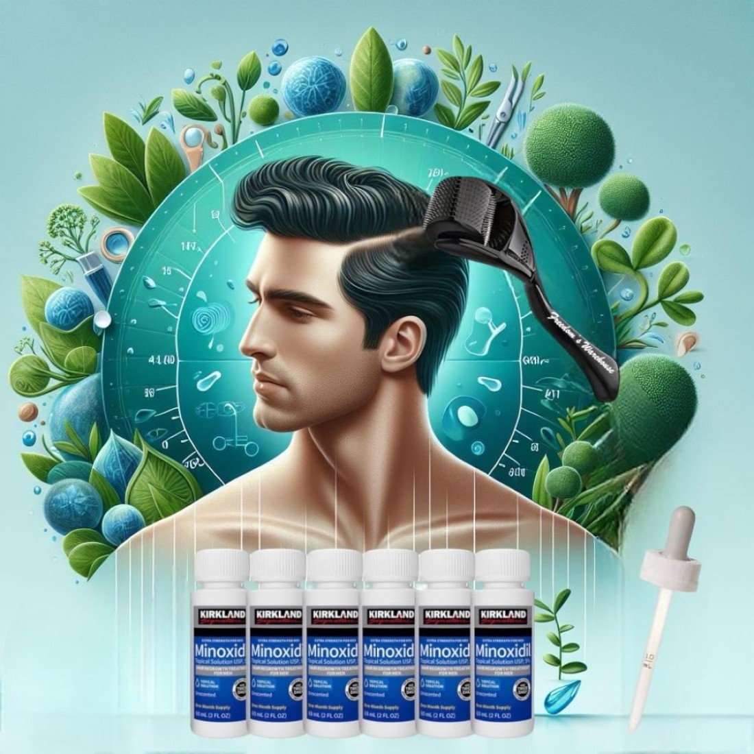 6 Pack Kirkland Minoxidil for Men Hair Regrowth Treatment Liquid Extra Strength 5 Topical Solution 6 Months Supply Dropper Applicator and Microneedle Roller Included Minoxidil Kirkland
